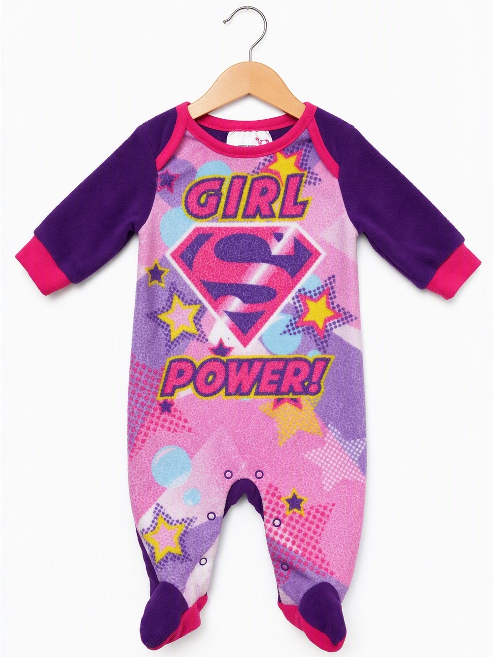 Official DC Comics Supergirl Pink Purple Girl Power Fleece Footed Sleeper 0-3M